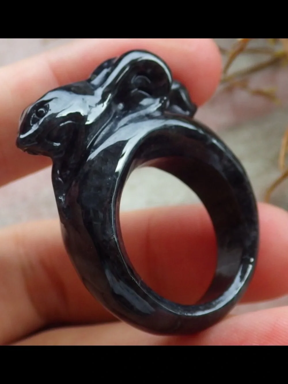 Certificate Jadeite Jade carved black Snake ring size8.5
